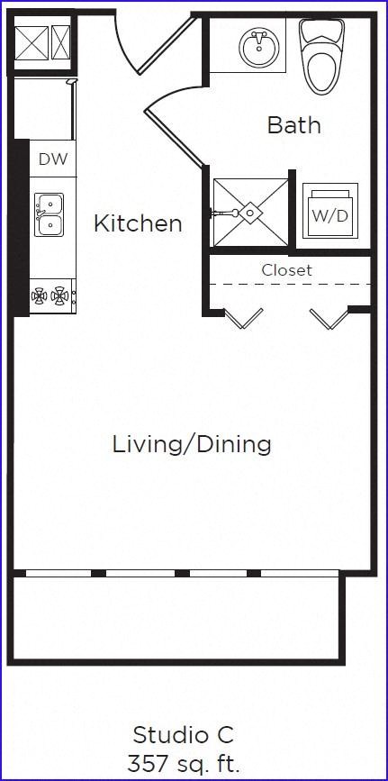 Floor plan for studio, 1 bath, 357 sqft